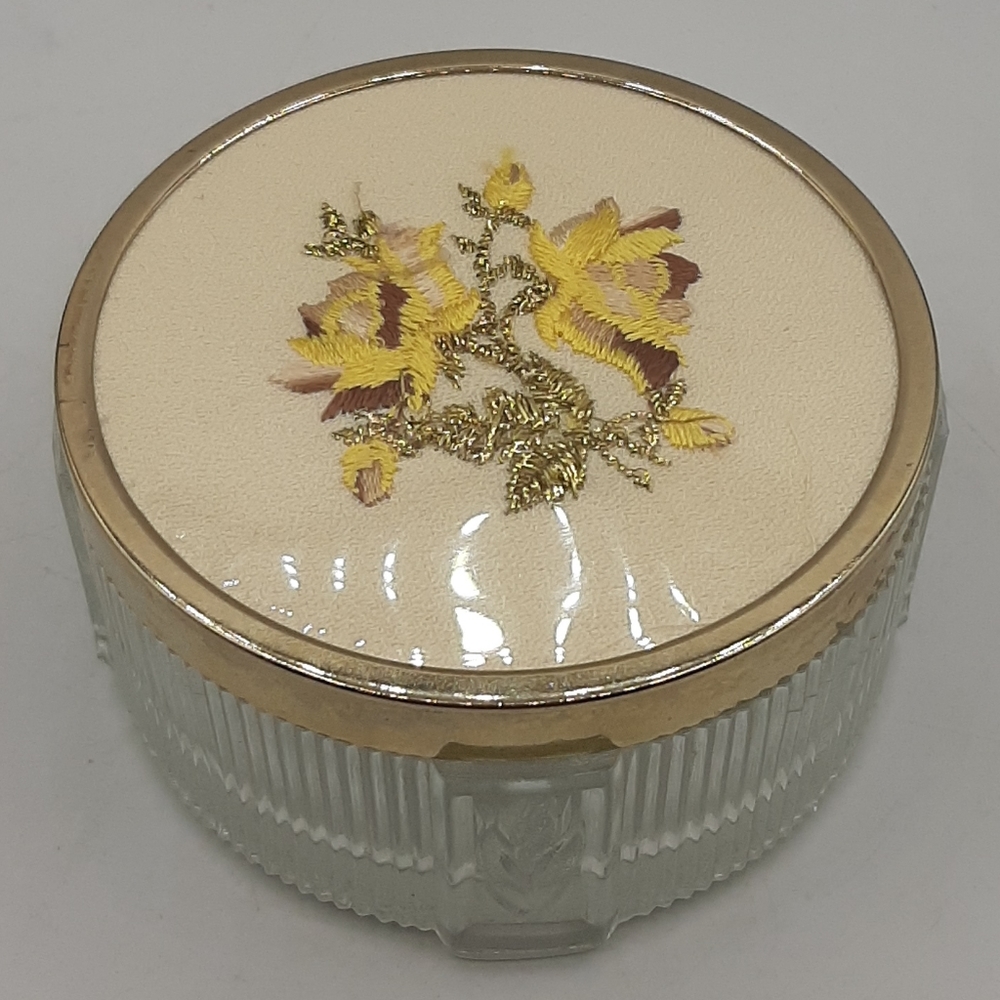 Vintage Art Deco Style Glass Powder Jar Vanity Jar Metal Embroidered Top
